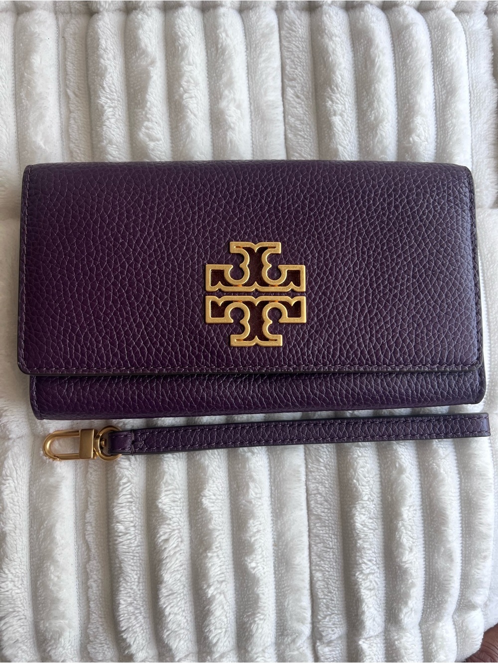 Tory Burch Deep Purple Pebbled Leather Wristlet with Gold Logo